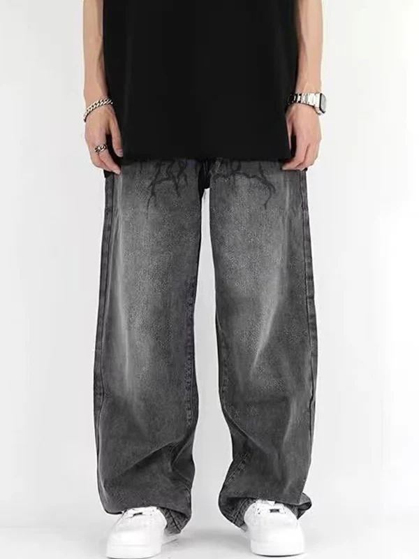Men's Washed Crackle Print Loose Jeans - Image 4