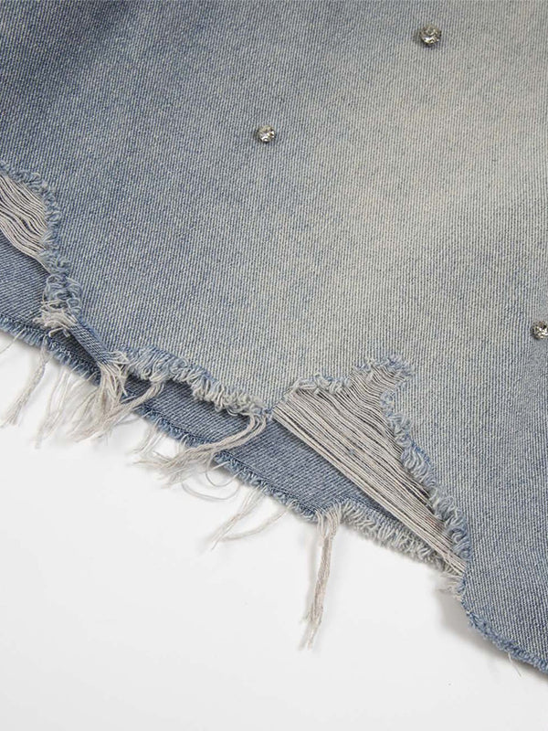 Men'S Washed Distressed Rhinestones Ripped Denim Shorts - Image 6