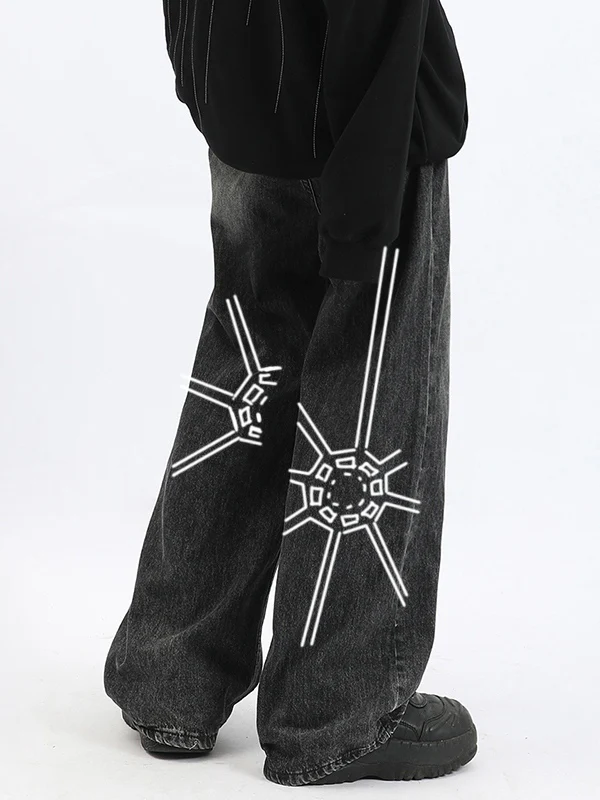 Men's Washed Spider Web Print Loose Jeans - Image 4
