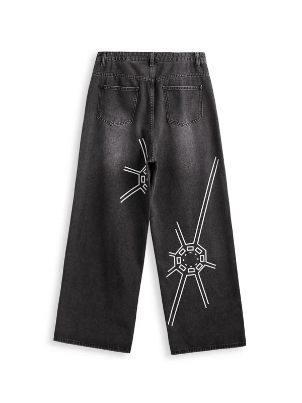 Men's Washed Spider Web Print Loose Jeans - Image 6
