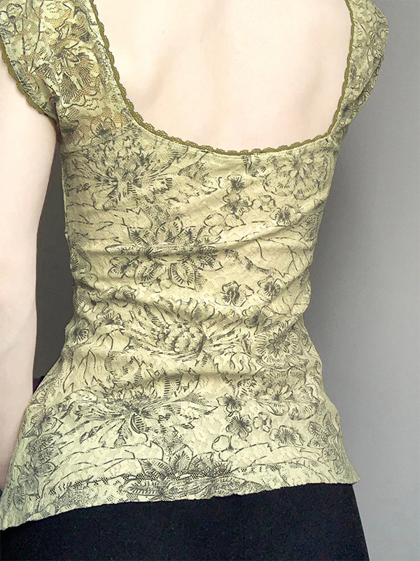 Mesh Lace Print U-Neck Cute Short-Sleeved T-Shirt - Image 4