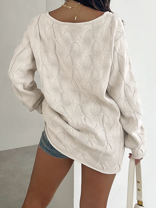 Off-The-Shoulder V-Neck Cable Knit Sweaters - Image 2