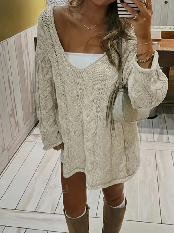 Off-The-Shoulder V-Neck Cable Knit Sweaters - Image 4