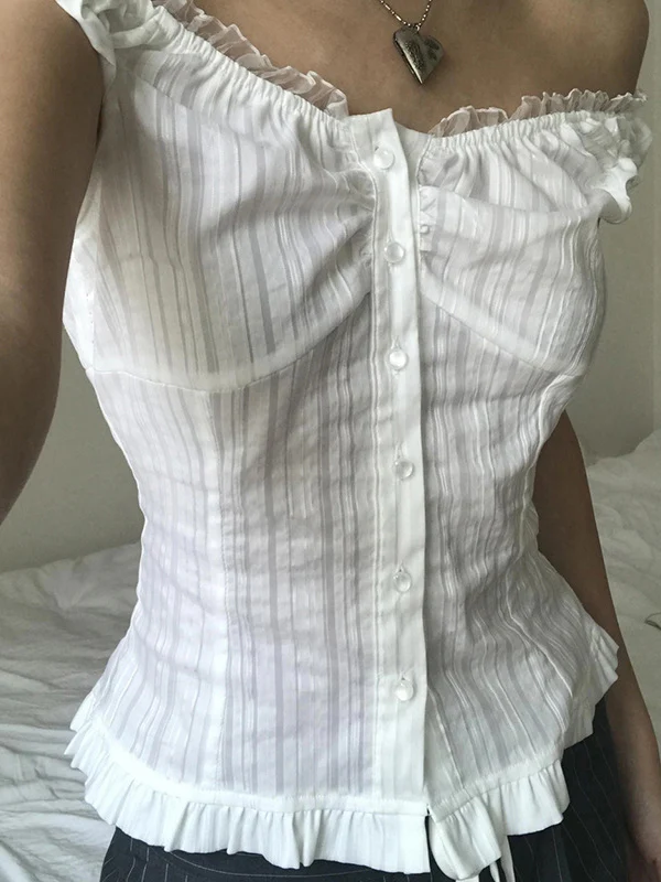 One Shoulder Solid Color Lace Stitching Button Down Tee - Image 3