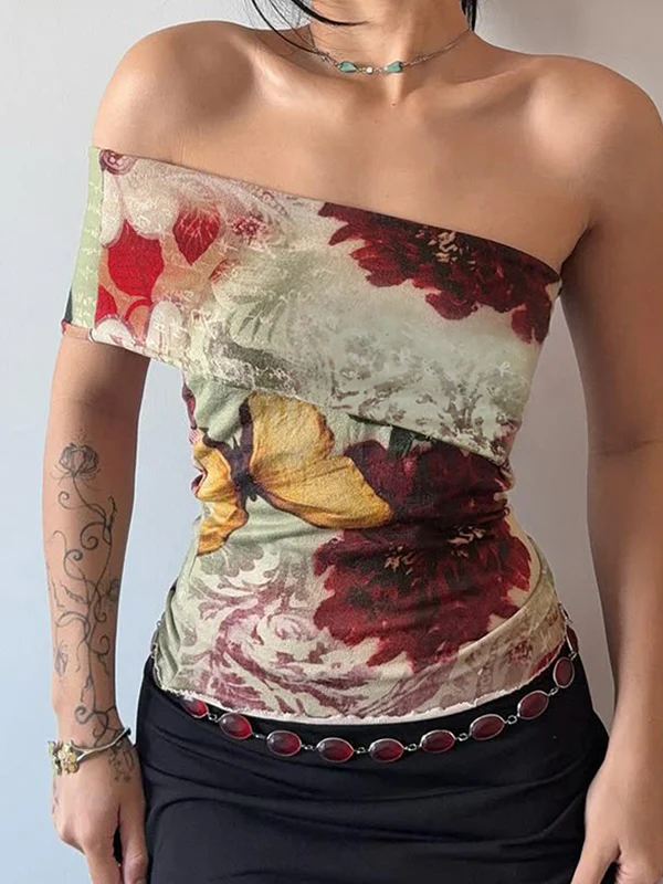 One Shoulder Vintage Print Tank Top - Image 5