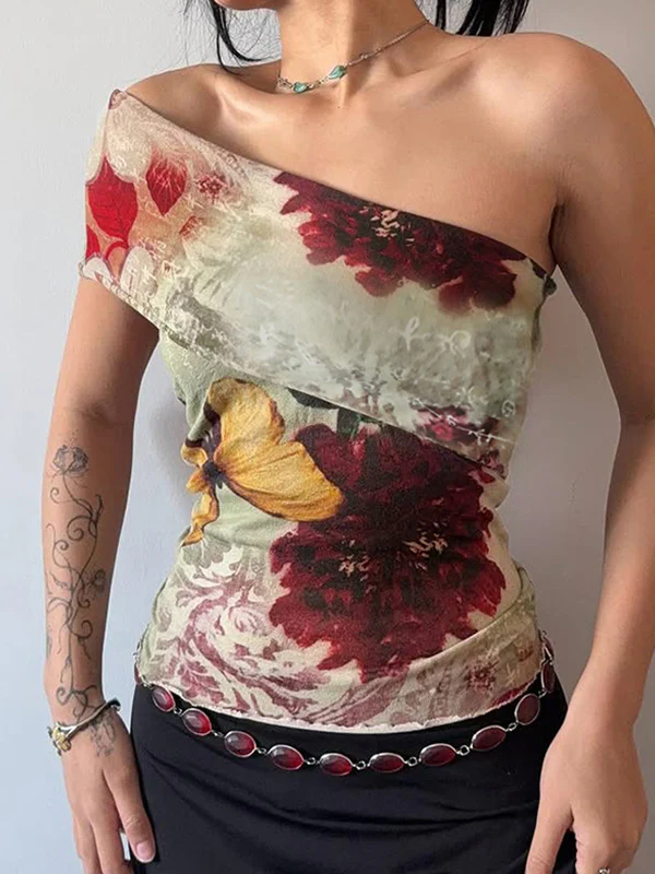 One Shoulder Vintage Print Tank Top - Image 6