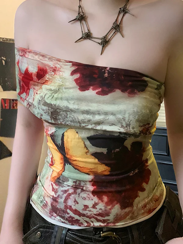 One Shoulder Vintage Print Tank Top - Image 7
