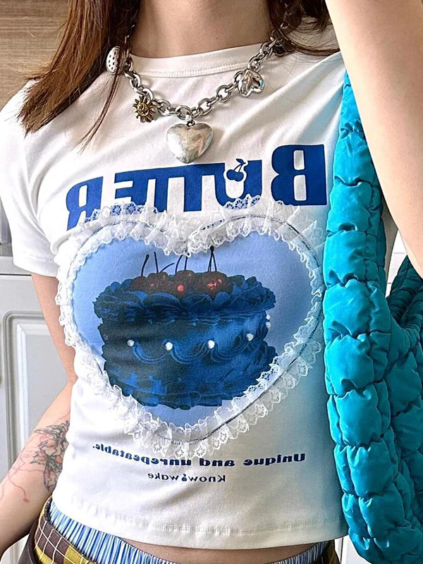 Patchwork Lace Trim Short Sleeve - Image 2