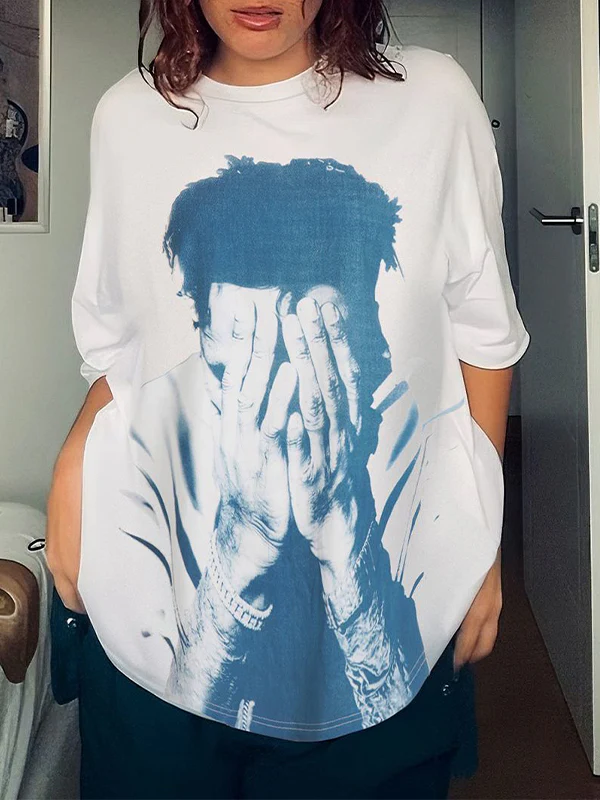 Personalized street style hip-hop portrait printing American hot girl style loose T-shirt - Image 2