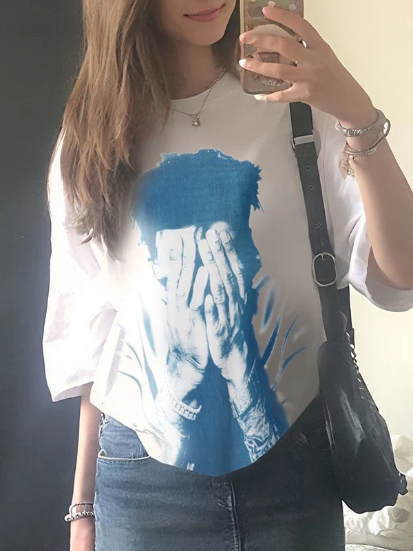 Personalized street style hip-hop portrait printing American hot girl style loose T-shirt - Image 3