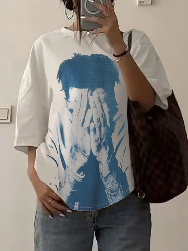 Personalized street style hip-hop portrait printing American hot girl style loose T-shirt - Image 4