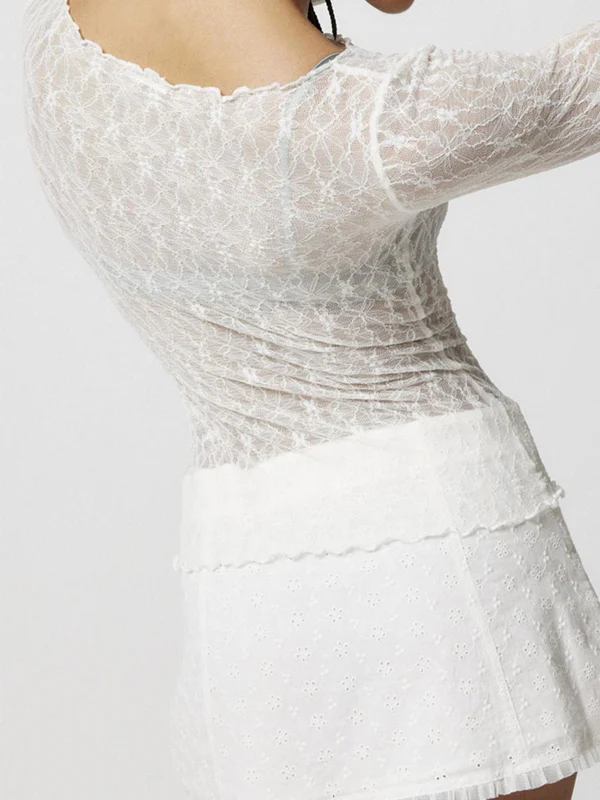 Perspective Lace Mesh Slim Long Sleeve Tee - Image 10