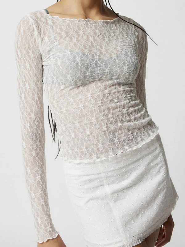 Perspective Lace Mesh Slim Long Sleeve Tee - Image 9