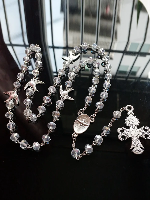 Pigeon Cross Pendant Long Beads Necklace