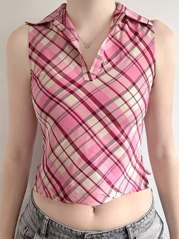Pink Checkered V-Neck Sleeveless Fitted Vest With Lapel Collar - Image 2