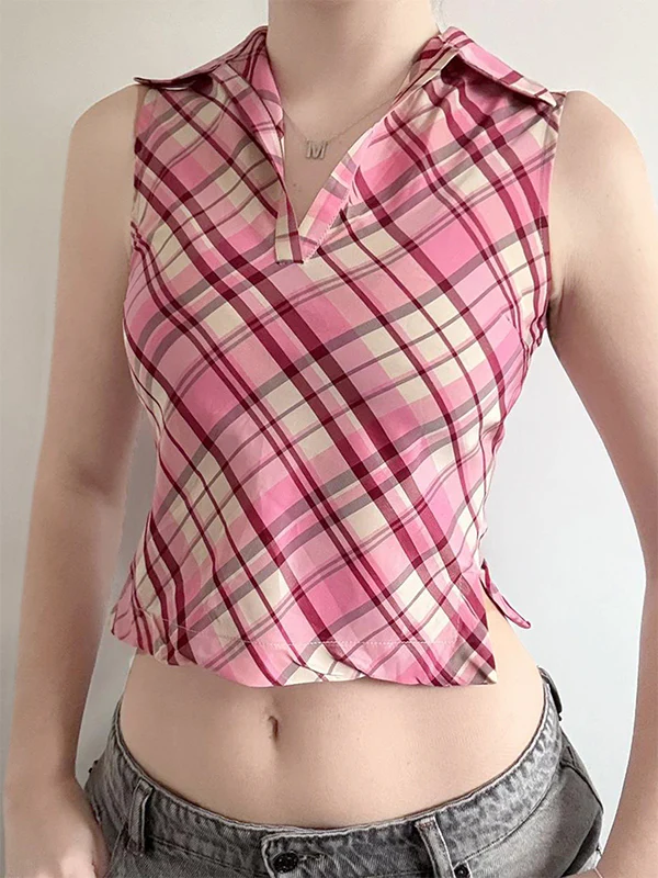 Pink Checkered V-Neck Sleeveless Fitted Vest With Lapel Collar - Image 3