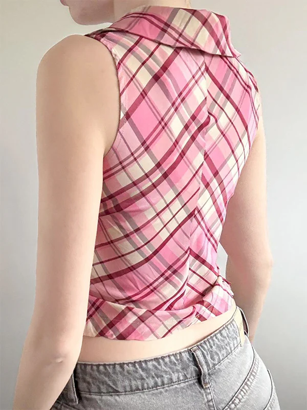 Pink Checkered V-Neck Sleeveless Fitted Vest With Lapel Collar - Image 4