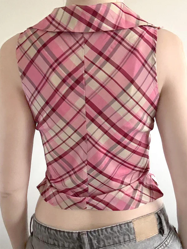Pink Checkered V-Neck Sleeveless Fitted Vest With Lapel Collar - Image 5
