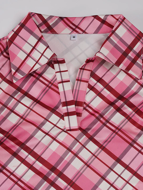 Pink Checkered V-Neck Sleeveless Fitted Vest With Lapel Collar - Image 6