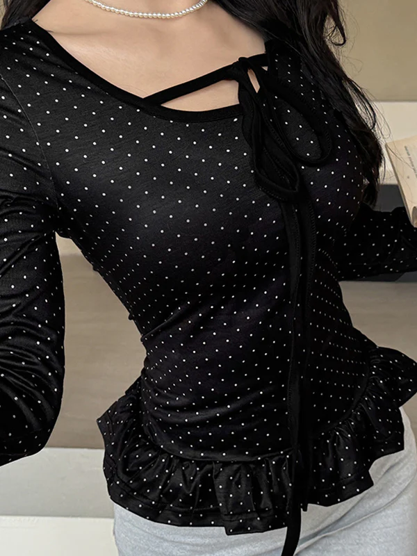 Polka Dot Lace-Up Long Sleeve - Image 4