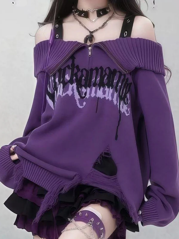 Punk Off-The-Shoulder Collar Sweaters - Image 2