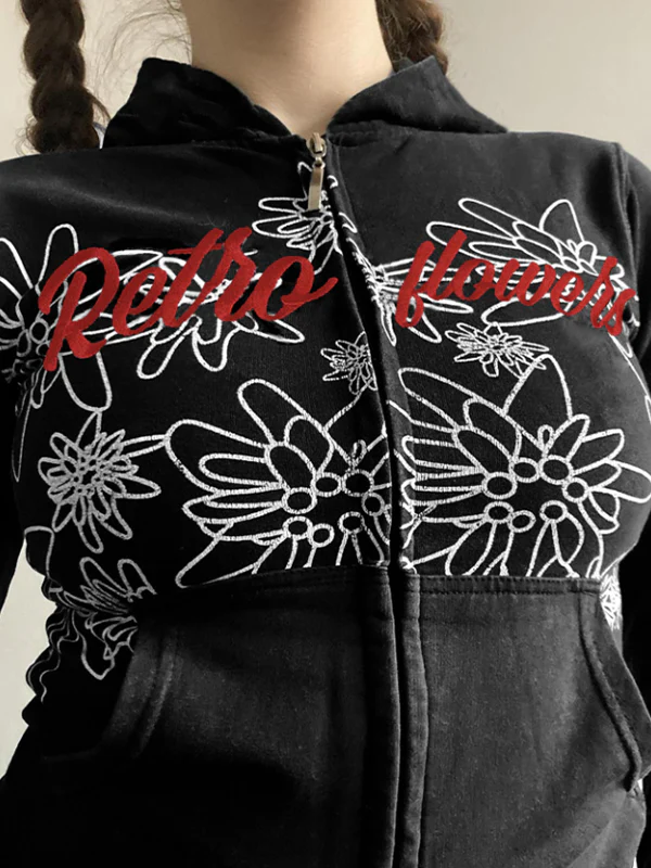 Retro Abstract Print Zipper Hoodie Jacket - Image 2