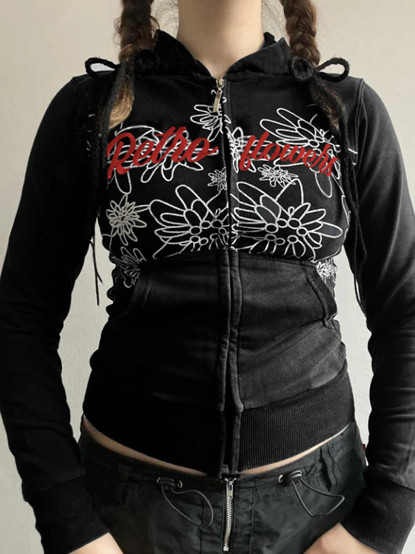Retro Abstract Print Zipper Hoodie Jacket - Image 3