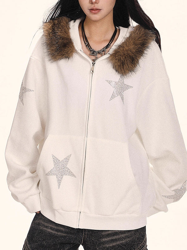 Retro Fur Collar Stars Sweatshirts - Image 2