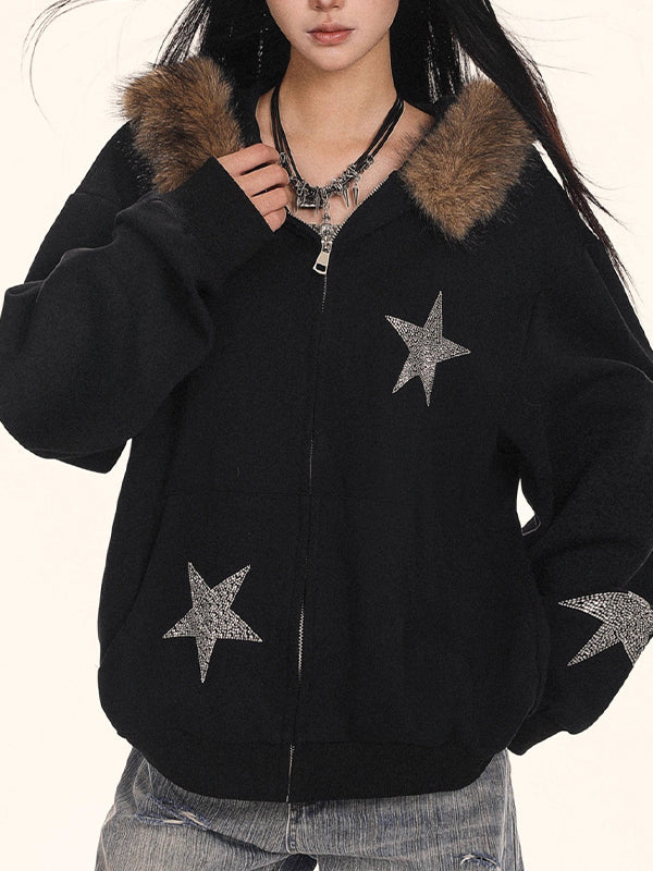 Retro Fur Collar Stars Sweatshirts - Image 3