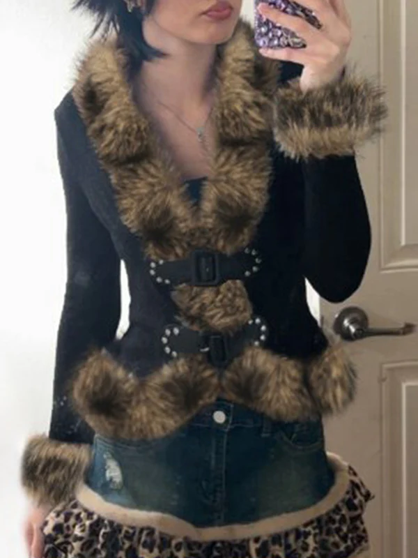 Retro Fur-Trimmed Patchwork Jacket - Image 2