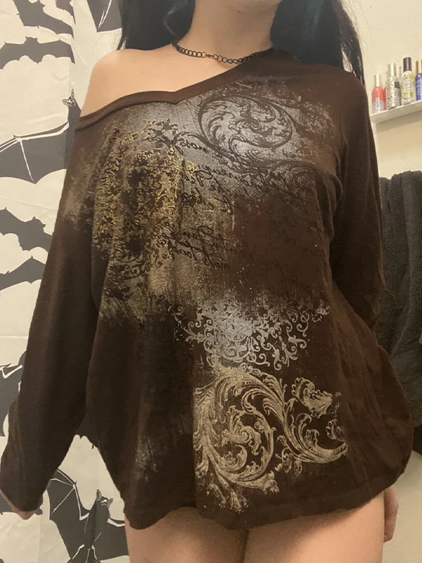 Retro Print V-Neck Oversized Long Sleeve - Image 2