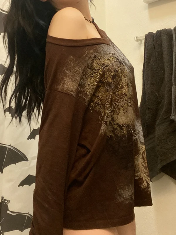 Retro Print V-Neck Oversized Long Sleeve - Image 3
