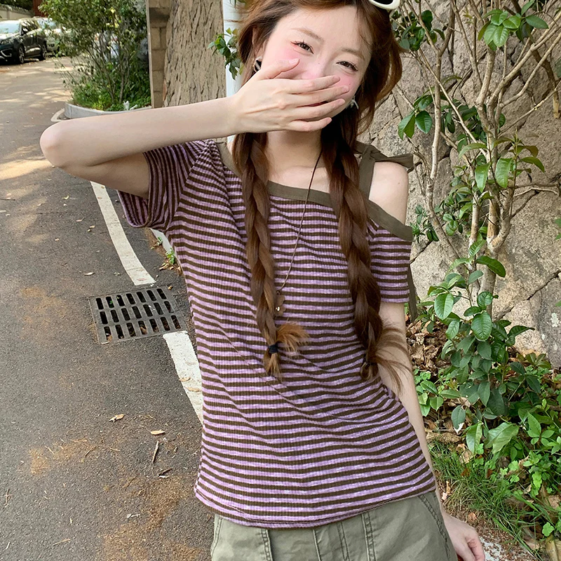 Retro Striped Slim Shoulder Straps Short Tee - Image 2