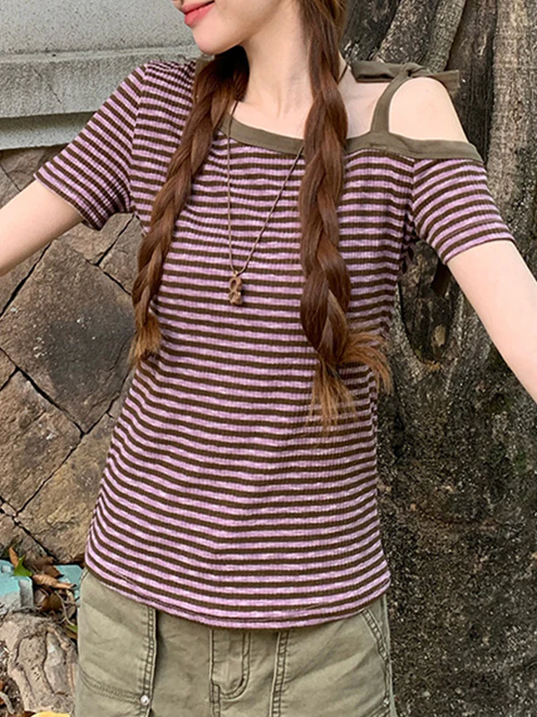 Retro Striped Slim Shoulder Straps Short Tee - Image 3