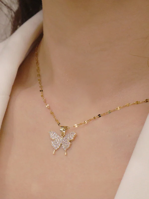 Rhinestone Butterfly Golden Necklace - Image 2