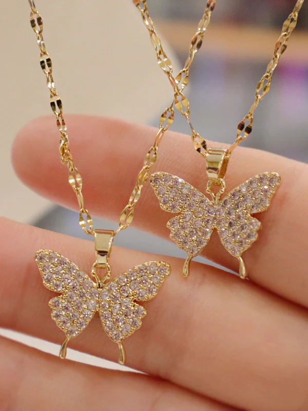Rhinestone Butterfly Golden Necklace - Image 3