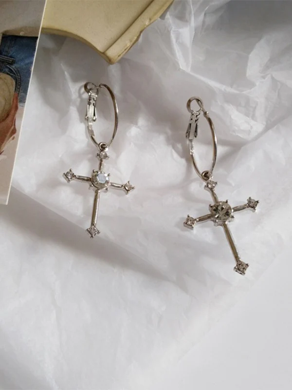 Rhinestone Cross Hoop Earrings - Image 2