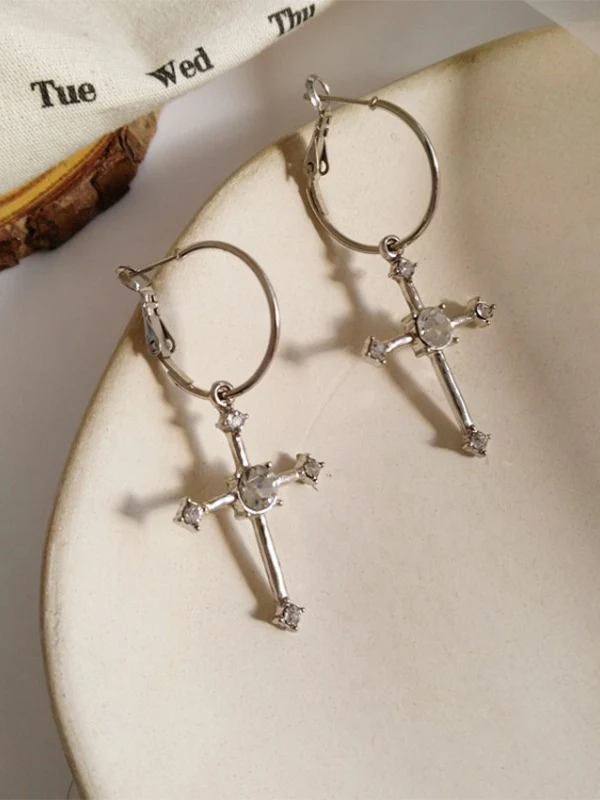 Rhinestone Cross Hoop Earrings - Image 3
