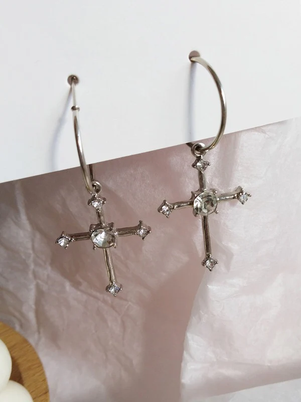 Rhinestone Cross Hoop Earrings - Image 4