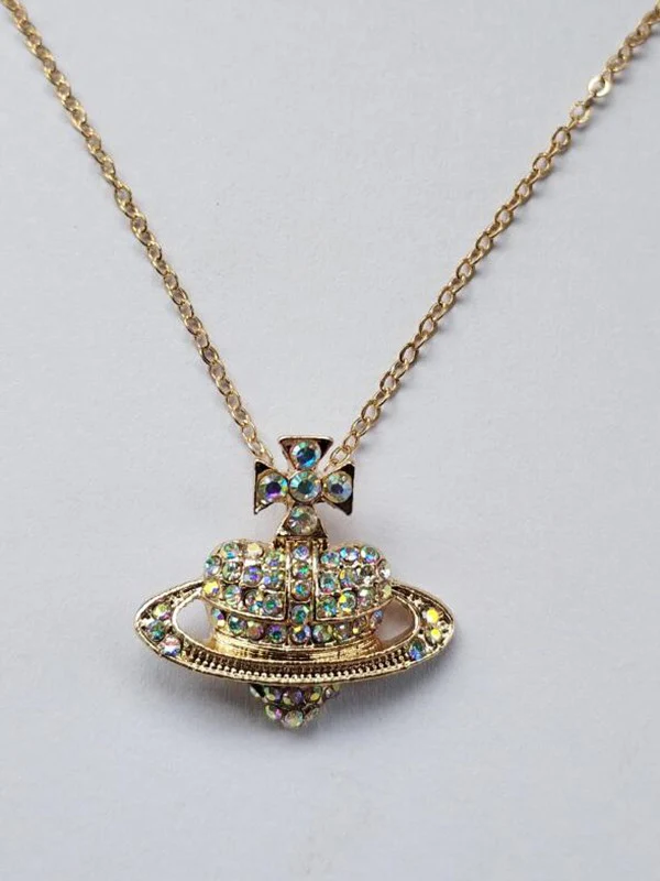 Rhinestone Heart Planet Charm Necklace - Image 2