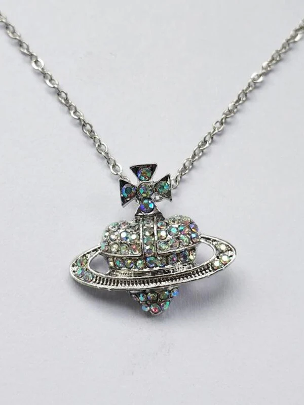 Rhinestone Heart Planet Charm Necklace - Image 3