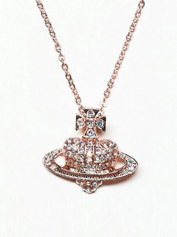 Rhinestone Heart Planet Charm Necklace - Image 4