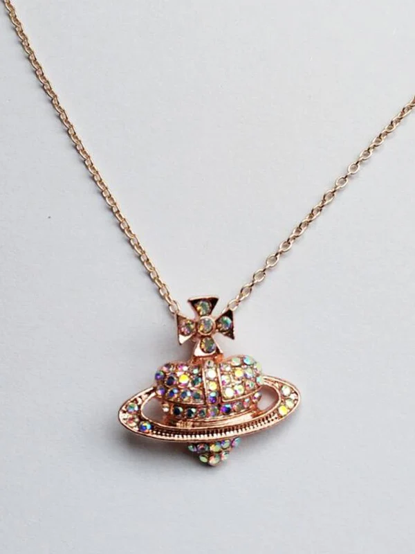 Rhinestone Heart Planet Charm Necklace - Image 5