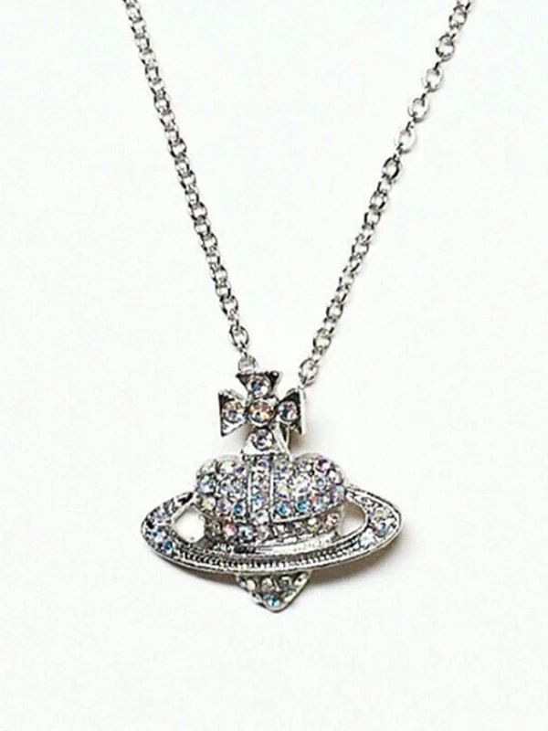 Rhinestone Heart Planet Charm Necklace - Image 6