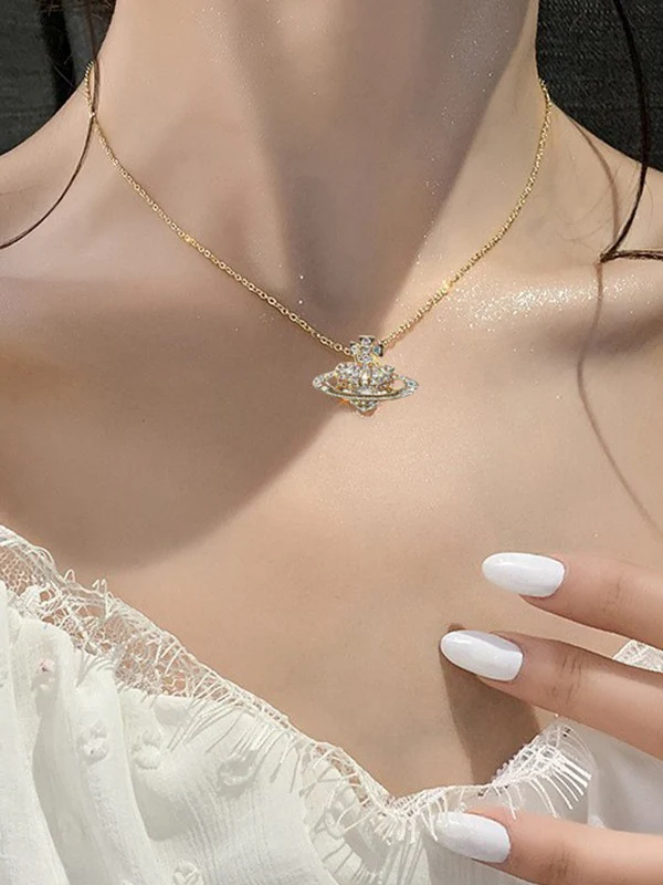 Rhinestone Heart Planet Charm Necklace - Image 7