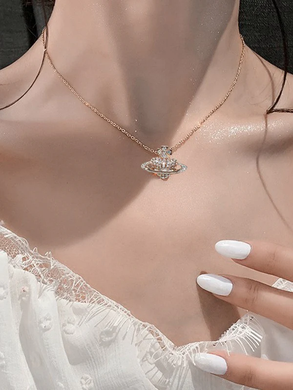 Rhinestone Heart Planet Charm Necklace - Image 8