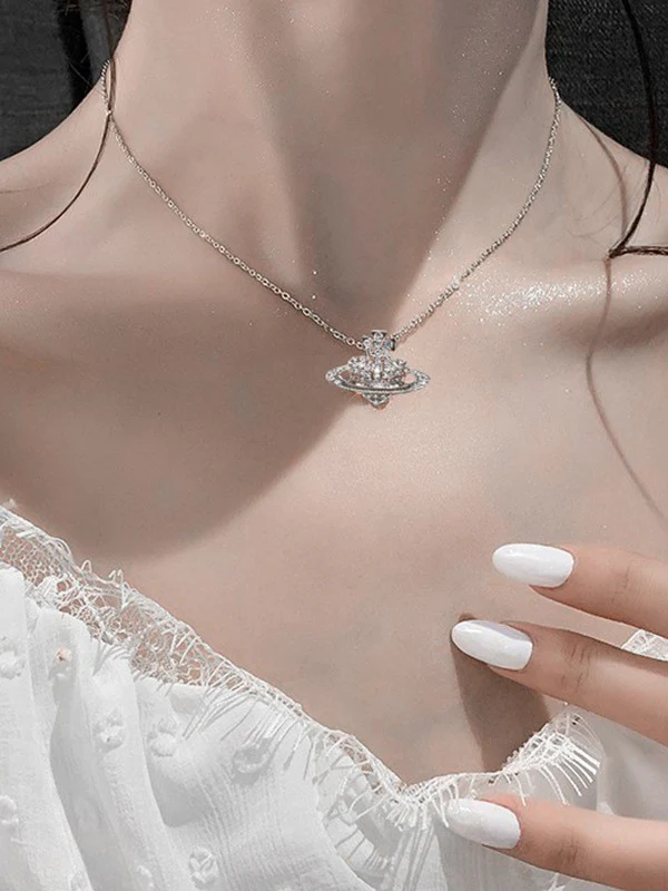 Rhinestone Heart Planet Charm Necklace - Image 9