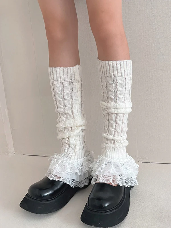 Ruffle Lace Cable Knit Leg Warmer - Image 2
