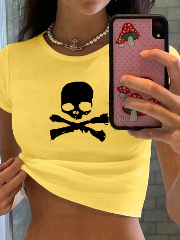 Skull Print Short Sleeve Y2K Crop Top - Image 10