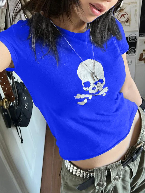 Skull Print Short Sleeve Y2K Crop Top - Image 16
